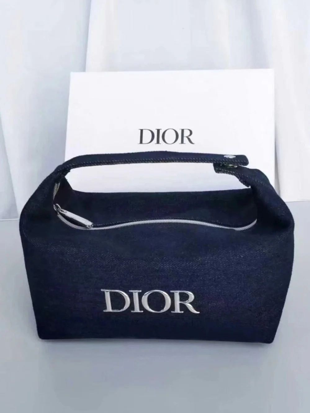 Dior Navy Blue Denim Logo Cosmetic Bag With Handle - Picture 3 of 6